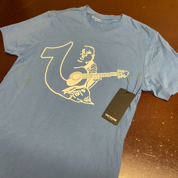 True Religion Mens Blue Half Split Logo Short Sleeve Crew Neck Pullover T Shirt - Picture 2 of 6